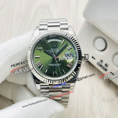 VR Factory Rolex Day Date 40 Green Roman Face Stainless Steel 2836 Super Clone Watch